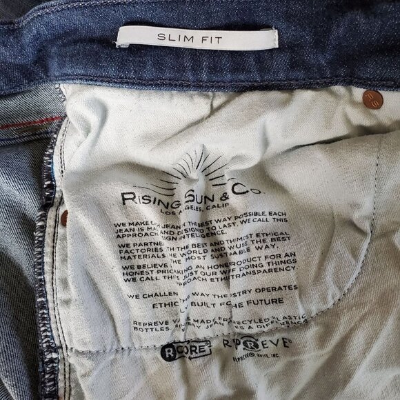 Rising Sun Co Slim Fit Jean Dark Wash Stretch Leather Patch Mid Rise Women 34 - Picture 6 of 9